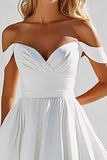 White A Line Off the Shoulder Satin Tea Length Graduation Dress
