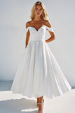 White A Line Off the Shoulder Satin Tea Length Graduation Dress