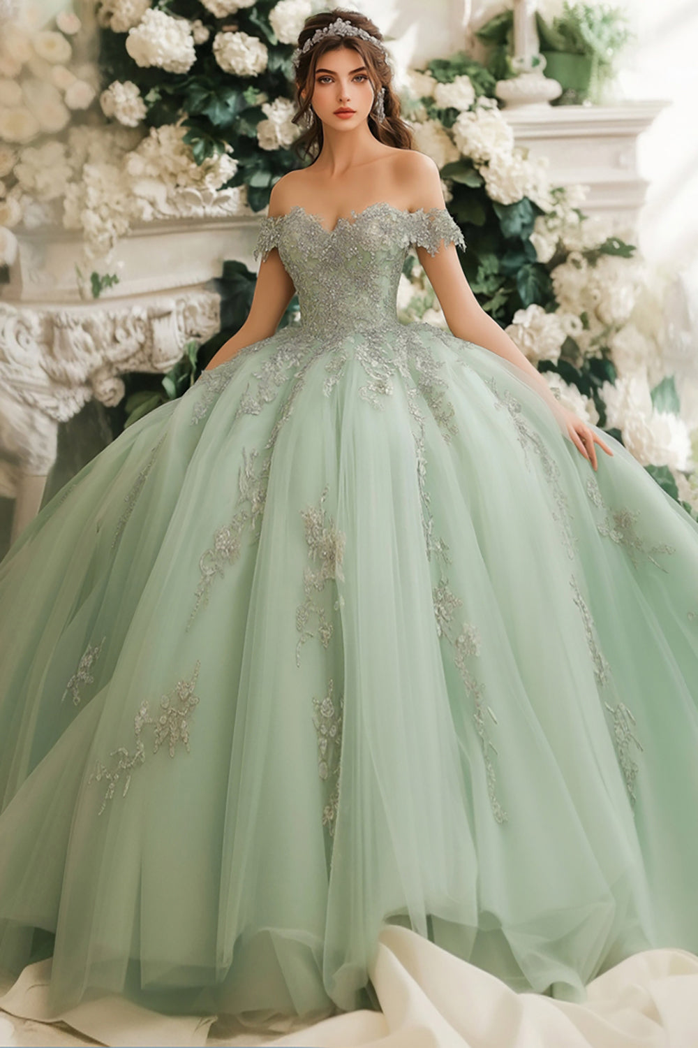 ZAPAKA Women Dusty Sage Quinceanera Dress Ball Gown Off The Shoulder Cold Shoulder Strapless Lace Appliqued Tulle Sweet 16 Dress WEDTREND ZAPAKA Women Dusty Sage Quinceanera Dress Ball Gown Off The Shoulder Cold Shoulder Strapless Lace Appliqued Tulle Sweet 16 Dress WEDTREND