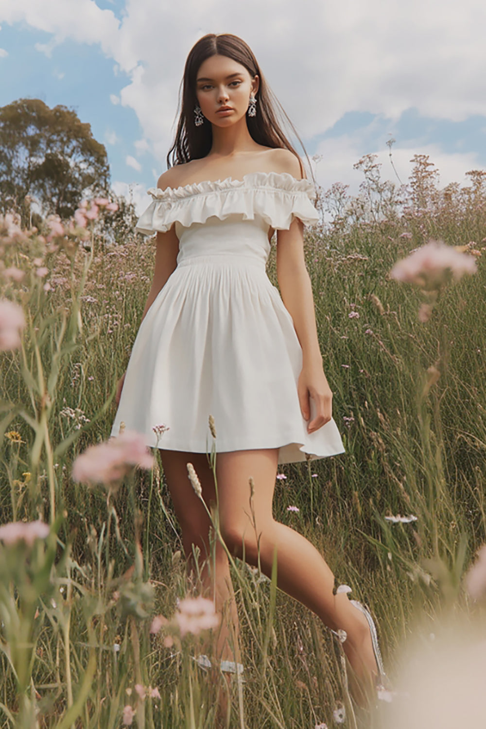 Wedtrend Women White Mini Graduation Dress A Line Off the Shoulder Ruffled Cocktail Dress WEDTREND Wedtrend Women White Mini Graduation Dress A Line Off the Shoulder Ruffled Cocktail Dress WEDTREND
