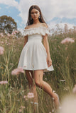 White A Line Off the Shoulder Ruffled Mini Graduation Dress