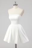 Simple A-Line Strapless Satin Little White Graduation Dress