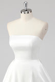 Simple A-Line Strapless Satin Little White Graduation Dress