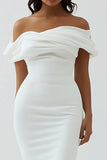 White Off the Shoulder Sheath Matte Satin Graduation Dress With Slit