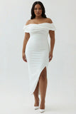 Off the Shoulder White Sheath Matte Satin Plus Size Graduation Dress With Slit