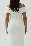 Off the Shoulder White Sheath Matte Satin Plus Size Graduation Dress With Slit