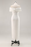 White Off the Shoulder Sheath Matte Satin Graduation Dress With Slit