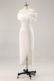 Off the Shoulder Sheath Satin White Graduation Dress With Slit