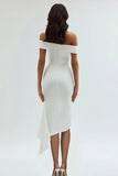 White Sheath Off the Shoulder Satin Tea Length Graduation Dress