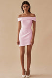 Simple White Sheath Off the Shoulder Satin Short Graduation Dress