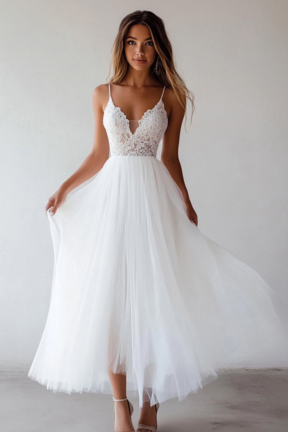 casual dresses graduation Wedtrend Women Lace White Graduation Dress Tulle A Line Spaghetti Straps Tea Length Casual Dress – WEDTREND