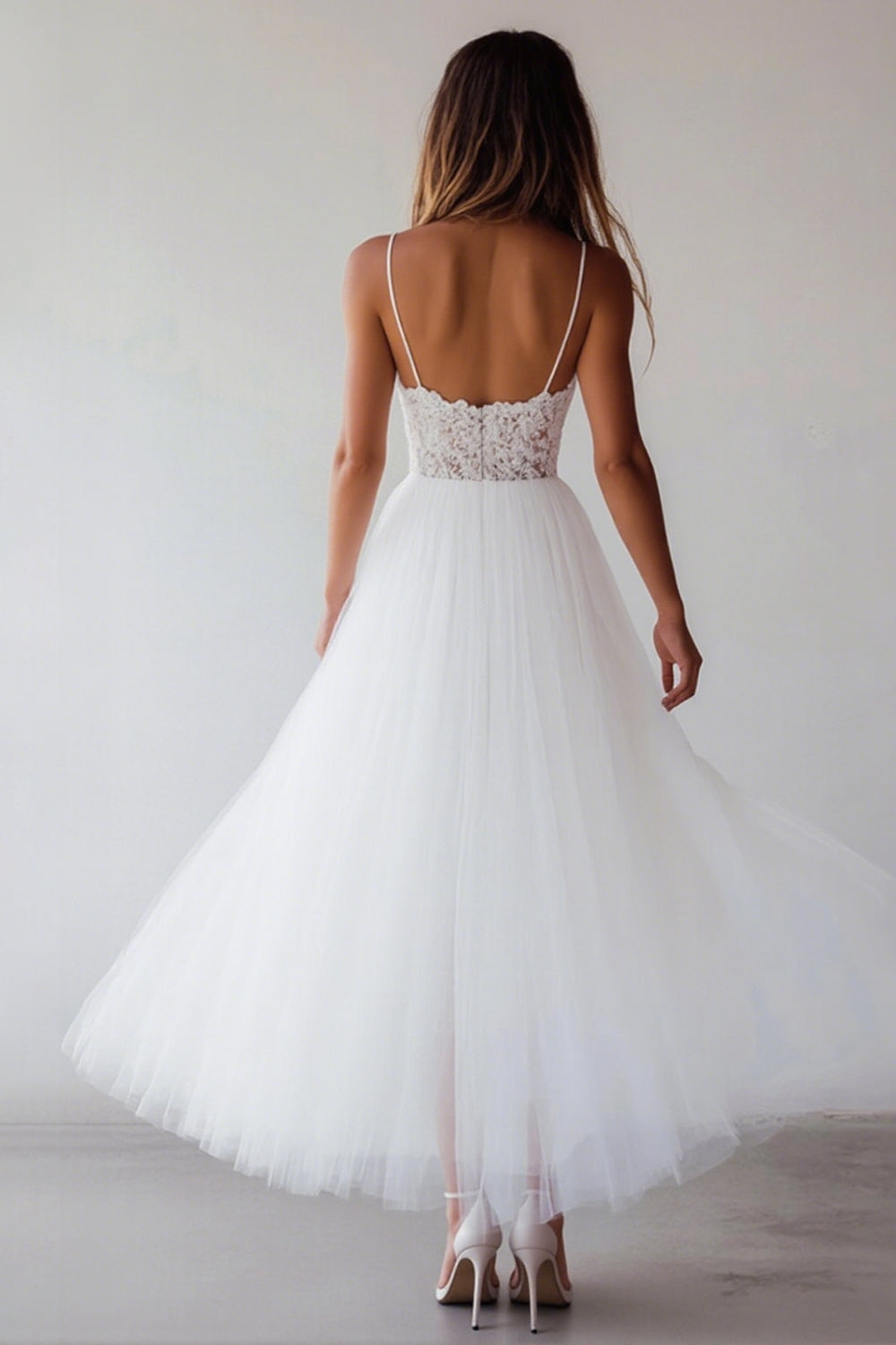 Wedtrend Women Lace White Graduation Dress Tulle A Line Spaghetti Straps Tea Length Casual Dress WEDTREND Wedtrend Women Lace White Graduation Dress Tulle A Line Spaghetti Straps Tea Length Casual Dress WEDTREND
