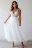 White Lace Tulle A Line Tea Length Plus Size Graduation Dress