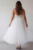 White Lace Tulle A Line Tea Length Plus Size Graduation Dress