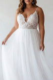 White Lace Tulle A Line Tea Length Plus Size Graduation Dress