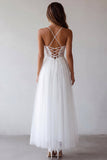 Lace White Tulle A Line Tea Length Graduation Dress