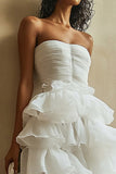 White A Line Strapless Ruched Tiered Long Wedding Dress