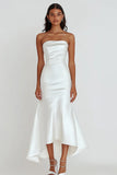 Simple White Sheath Strapless Satin Asymmetrical Graduation Dress with Ruffles