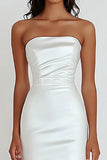 Simple White Sheath Strapless Satin Asymmetrical Graduation Dress with Ruffles