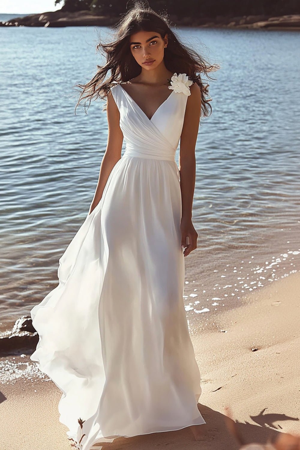Wedtrend Women White Beach Engagement Dress A Line V-Neck Sleeveless Maxi Dress WEDTREND Wedtrend Women White Beach Engagement Dress A Line V-Neck Sleeveless Maxi Dress WEDTREND