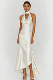 White Halter Satin Long Formal Dress