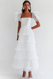 A Line Tiered Ruffle Long White Dress with Short Sleeves