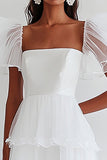 A Line Tiered Ruffle Long White Dress with Short Sleeves