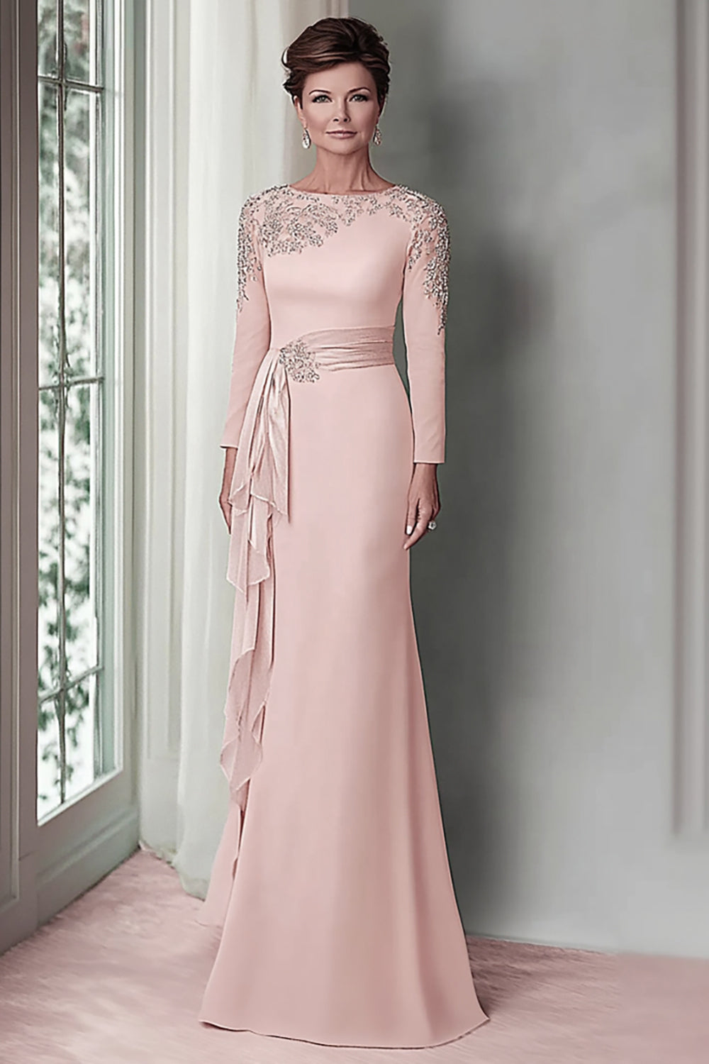 Wedtrend Women Blush Lace Sheath Mother Of The Bride Dress with Long Sleeves Satin Wedding Guest Dress with Belt WEDTREND Wedtrend Women Blush Lace Sheath Mother Of The Bride Dress with Long Sleeves Satin Wedding Guest Dress with Belt WEDTREND