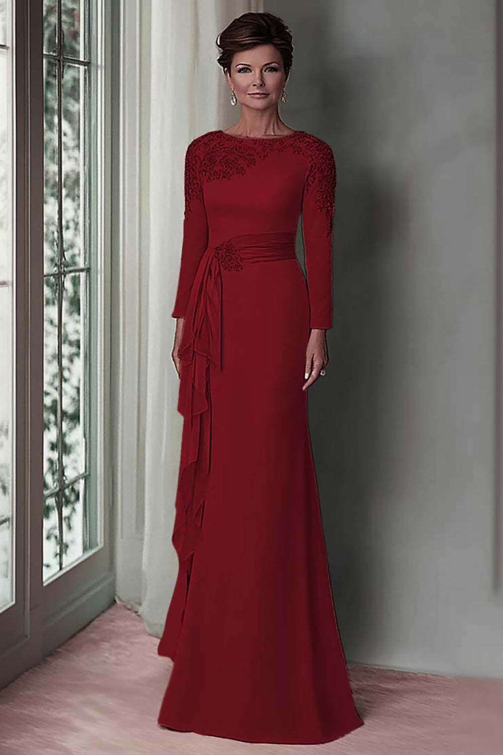 Wedtrend Women Blush Lace Sheath Mother Of The Bride Dress with Long Sleeves Satin Wedding Guest Dress with Belt WEDTREND Wedtrend Women Blush Lace Sheath Mother Of The Bride Dress with Long Sleeves Satin Wedding Guest Dress with Belt WEDTREND