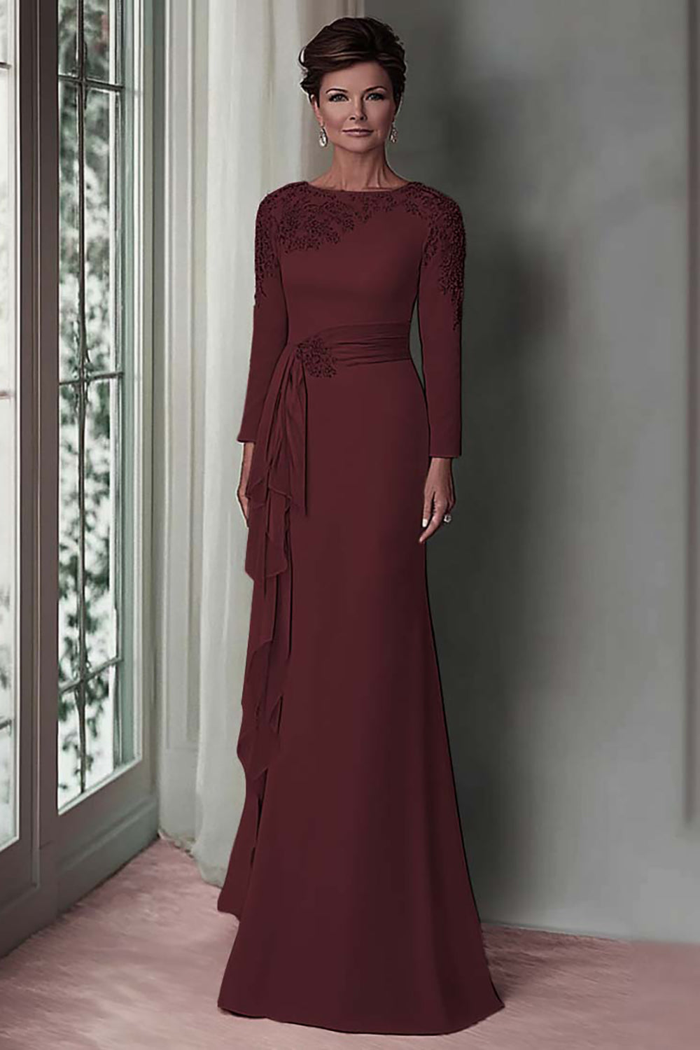 Wedtrend Women Blush Lace Sheath Mother Of The Bride Dress with Long Sleeves Satin Wedding Guest Dress with Belt WEDTREND Wedtrend Women Blush Lace Sheath Mother Of The Bride Dress with Long Sleeves Satin Wedding Guest Dress with Belt WEDTREND
