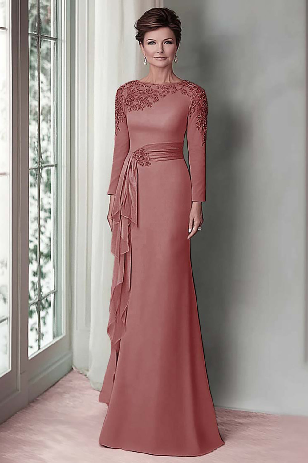 Wedtrend Women Blush Lace Sheath Mother Of The Bride Dress with Long Sleeves Satin Wedding Guest Dress with Belt WEDTREND Wedtrend Women Blush Lace Sheath Mother Of The Bride Dress with Long Sleeves Satin Wedding Guest Dress with Belt WEDTREND