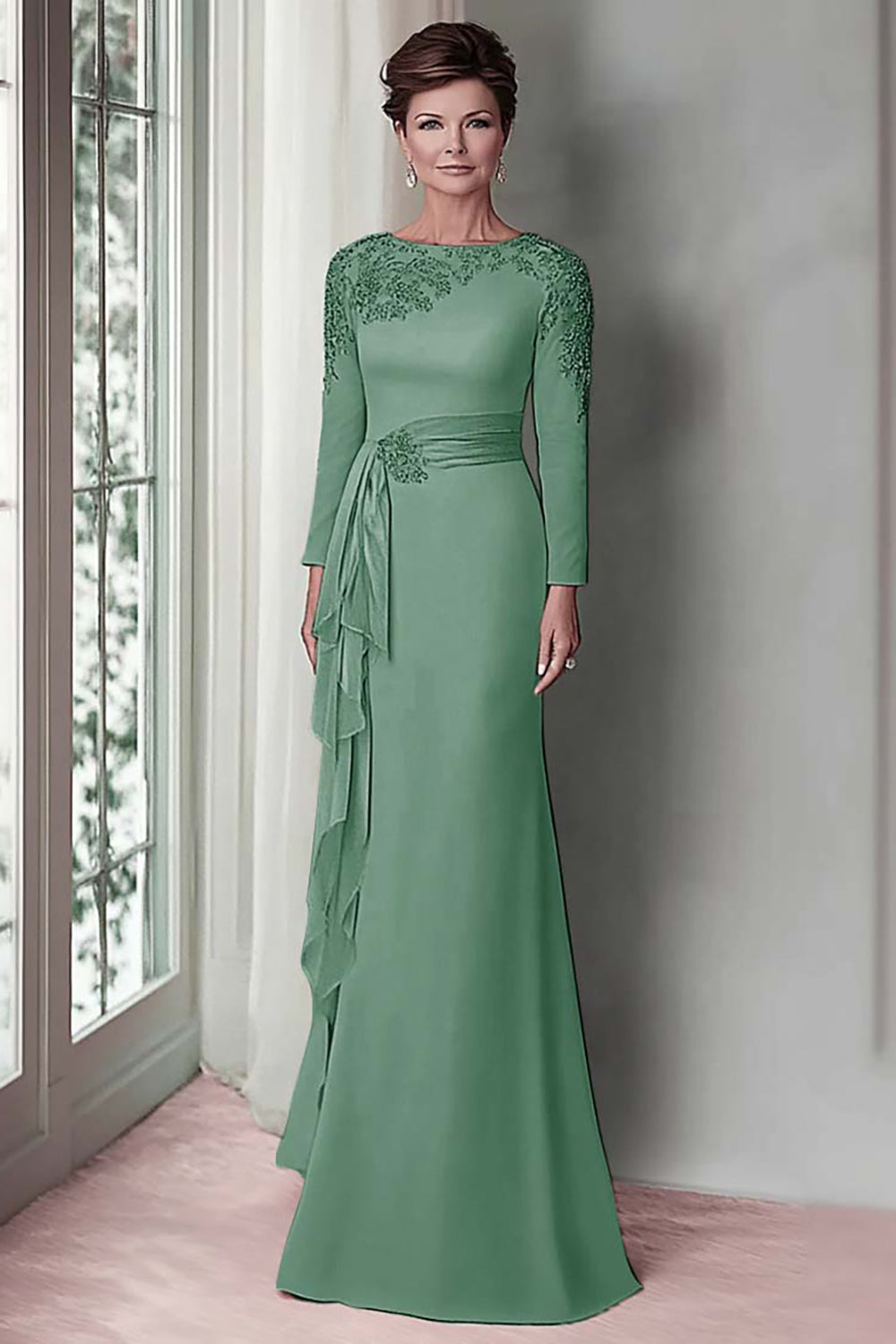 Wedtrend Women Blush Lace Sheath Mother of The Bride Dress with Long Sleeves Satin Wedding Guest Dress with Belt, Eucalyptus / US12 Wedtrend Women Blush Lace Sheath Mother of The Bride Dress with Long Sleeves Satin Wedding Guest Dress with Belt, Eucalyptus / US12