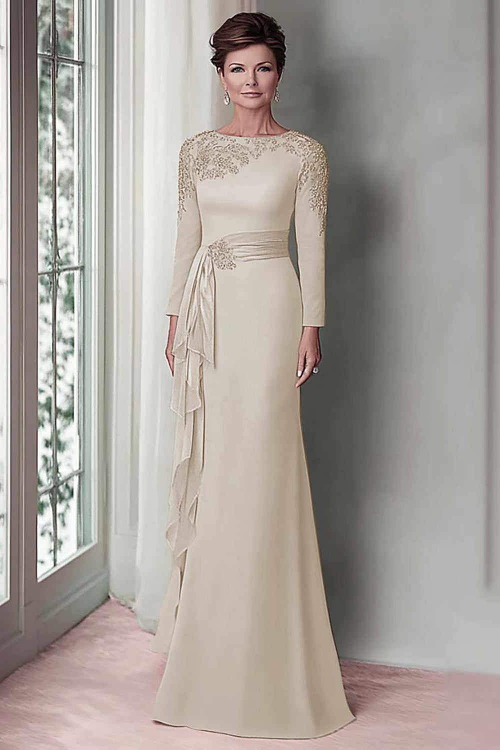 Wedtrend Women Blush Lace Sheath Mother Of The Bride Dress with Long Sleeves Satin Wedding Guest Dress with Belt WEDTREND Wedtrend Women Blush Lace Sheath Mother Of The Bride Dress with Long Sleeves Satin Wedding Guest Dress with Belt WEDTREND