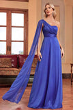 Royal Blue A Line Side Streamer Wedding Guest Dress