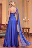 Royal Blue A Line Side Streamer Wedding Guest Dress