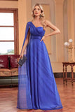 Royal Blue A Line Side Streamer Wedding Guest Dress