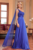 Royal Blue A Line Side Streamer Wedding Guest Dress