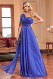 Royal Blue A Line Side Streamer Wedding Guest Dress