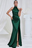 Mermaid Pine Halter Satin Wedding Guest Dress with Slit