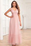 Spaghetti Straps A Line Blush Pink Ruffles Long Wedding Guest Dress