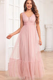 Spaghetti Straps A Line Blush Pink Ruffles Long Wedding Guest Dress