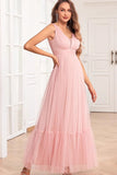 Spaghetti Straps A Line Blush Pink Ruffles Long Wedding Guest Dress