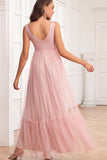 Spaghetti Straps A Line Blush Pink Ruffles Long Wedding Guest Dress