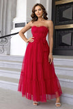 Pine Strapless A Line Ruffles Tulle Long Wedding Guest Dress