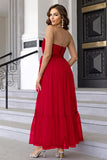 Pine Strapless A Line Ruffles Tulle Long Wedding Guest Dress