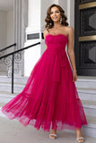 Pine Strapless A Line Ruffles Tulle Long Wedding Guest Dress