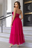 Pine Strapless A Line Ruffles Tulle Long Wedding Guest Dress