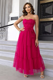 Pine Strapless A Line Ruffles Tulle Long Wedding Guest Dress