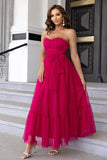 Pine Strapless A Line Ruffles Tulle Long Wedding Guest Dress