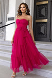 Pine Strapless A Line Ruffles Tulle Long Wedding Guest Dress